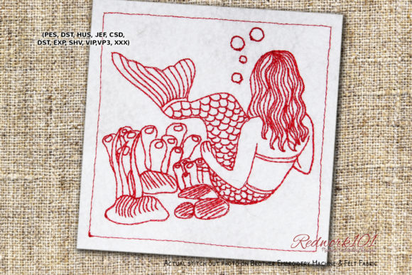 Cute Mermaid Underwater Scene Redwork Review